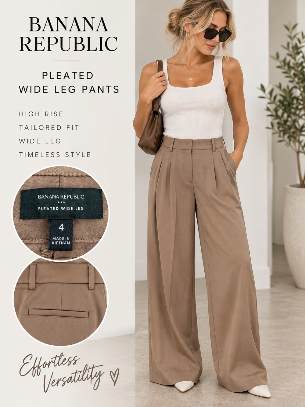 Banana Republic Pleated Wide Leg Pants Size 4 Taupe Brown High Rise